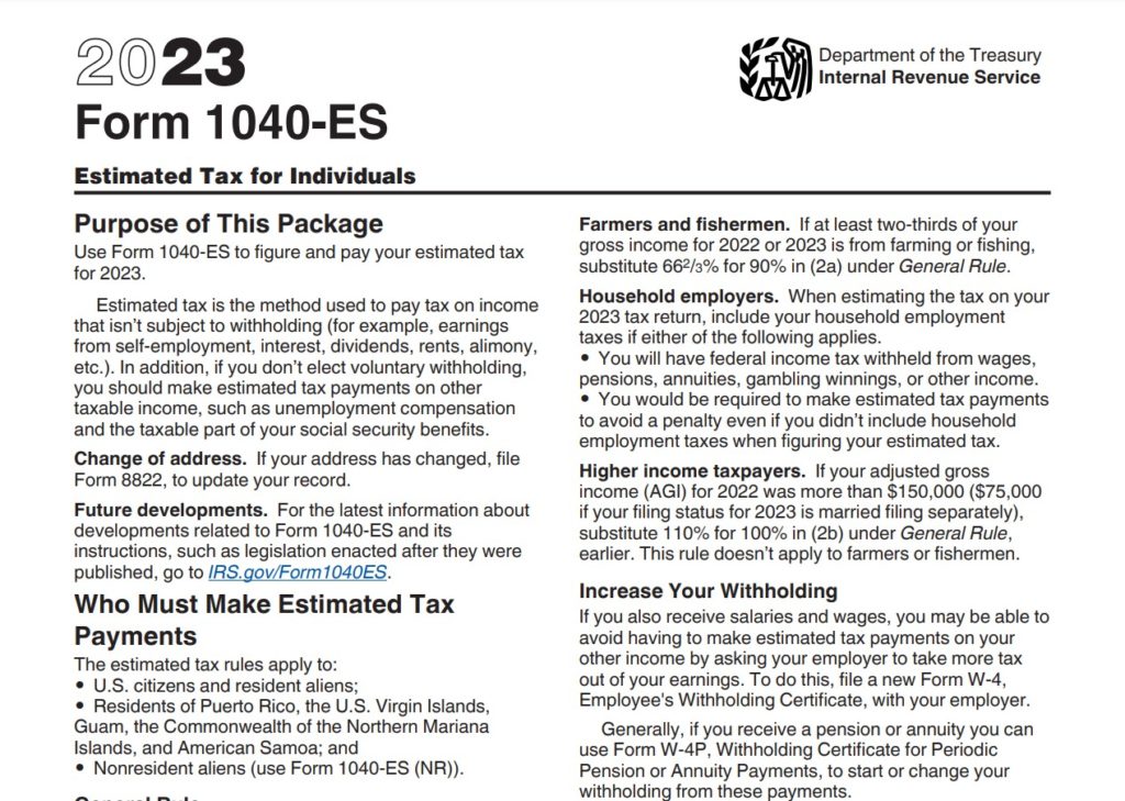 1040ES Form 2023 Estimated Tax for Individuals