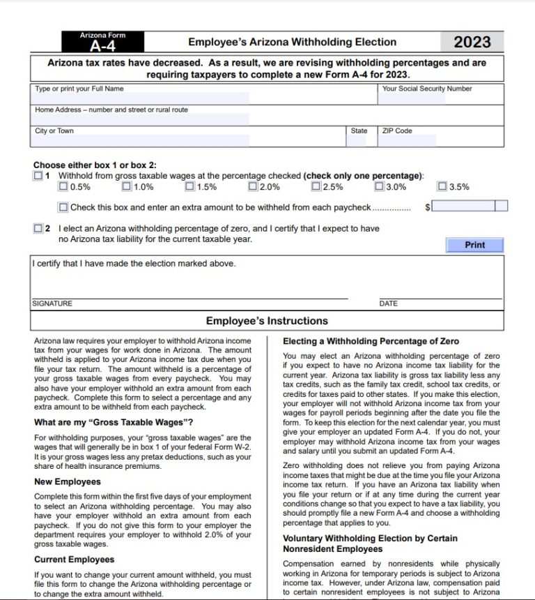 A4 Form 2023 Employee’s Arizona Withholding Election