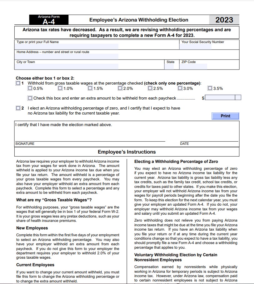 A4 Form 2023 Employee’s Arizona Withholding Election