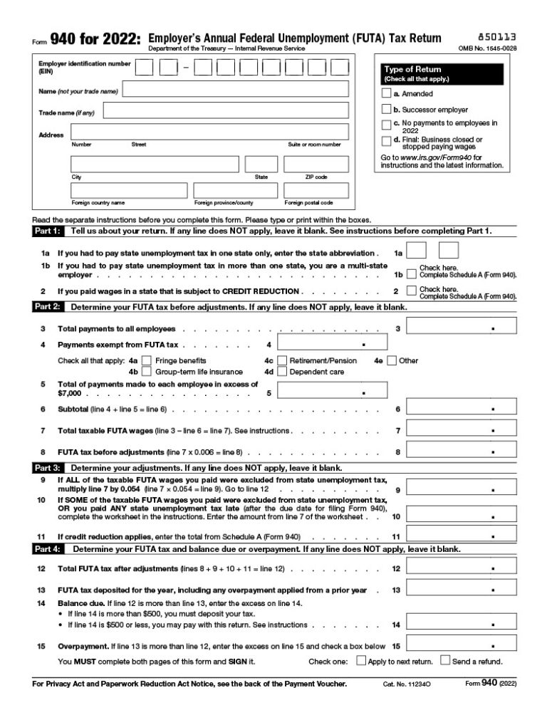 940 Form 2023 Printable, FUTA Tax Return