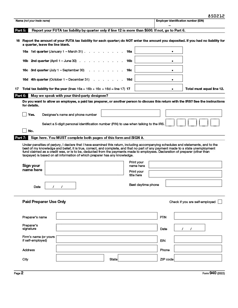 940 Form 2023 Printable FUTA Tax Return
