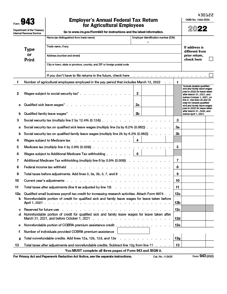 943 Form 2023 Employer s Annual Federal Tax Return For Agricultural 