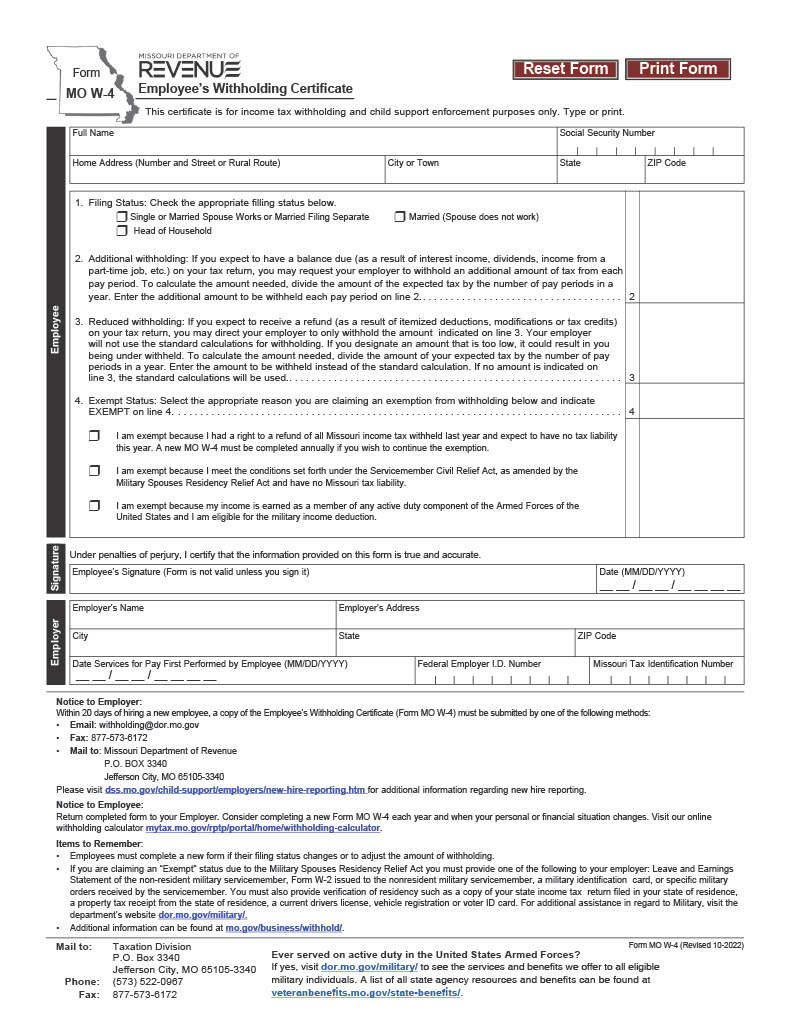 Missouri W4 Form 2023 Printable - MO W-4 2023