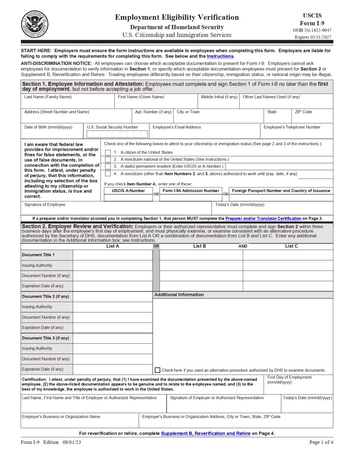 I9 Form 2025 Printable Employment Eligibility Verification IRS Tax