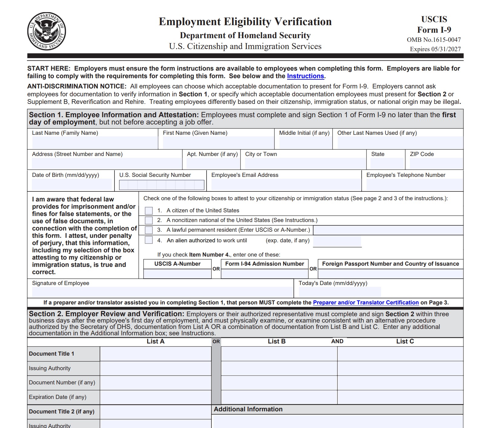 I9 Form 2026, Employment Eligibility Verification