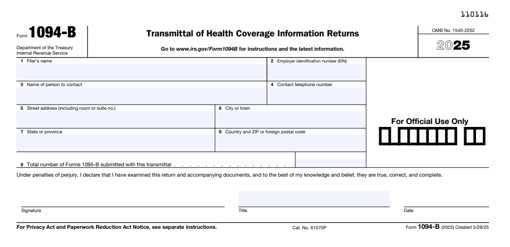 IRS Form 1094-B - Transmittal of Health Coverage Information Returns