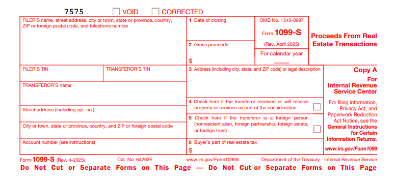 IRS Form 1099-S - Proceeds from Real Estate Transactions