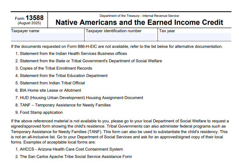 IRS Form 13588 - Native Americans and the Earned Income Credit