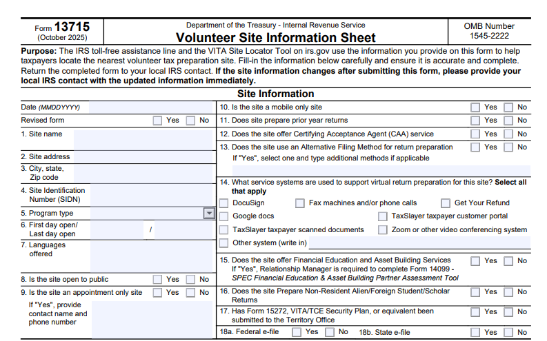 IRS Form 13715 - Volunteer Site Information Sheet