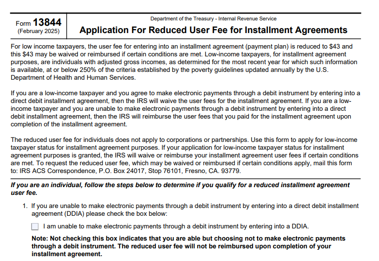 IRS Form 13844 - Application For Reduced User Fee For Installment Agreements