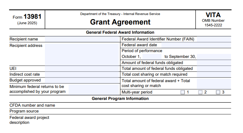 IRS Form 13981 - VITA Grant Agreement