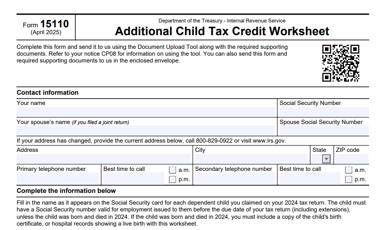 IRS Form 15110 - Additional Child Tax Credit Worksheet