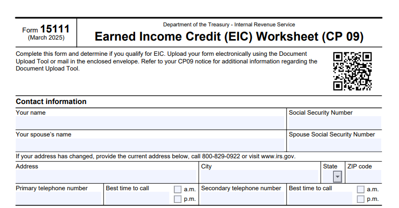 IRS Form 15111 - Earned Income Credit (EIC) Worksheet (CP 09)