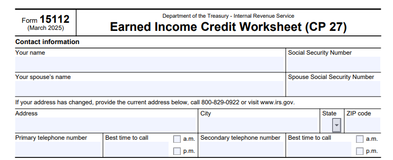 IRS Form 15112 - Earned Income Credit Worksheet (CP 27)