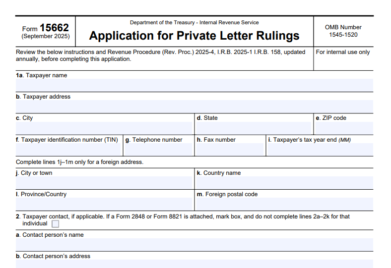 IRS Form 15662 - Application for Private Letter Rulings
