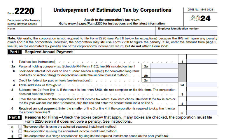 IRS Form 2220 - Underpayment of Estimated Tax By Corporations