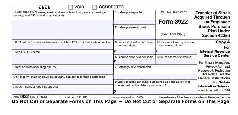 IRS Form 3922 - Transfer of Stock Acquired Through An Employee Stock Purchase Plan Under Section 423(c)