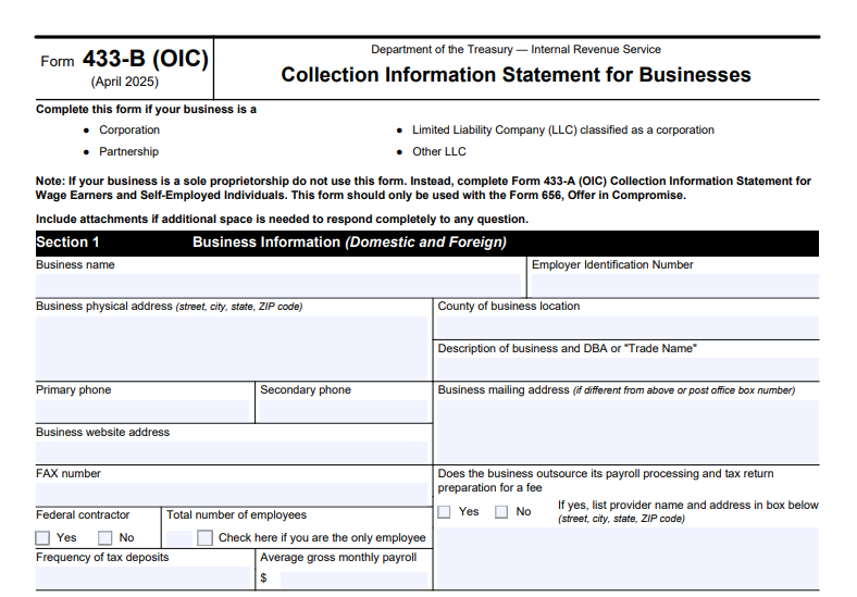 IRS Form 433-B (OIC) - Collection Information Statement for Businesses