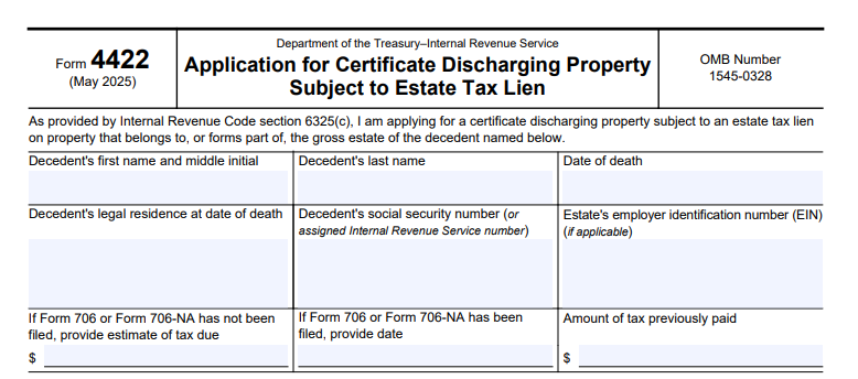 IRS Form 4422 - Application for Certificate Discharging Property Subject To Estate Tax Lien