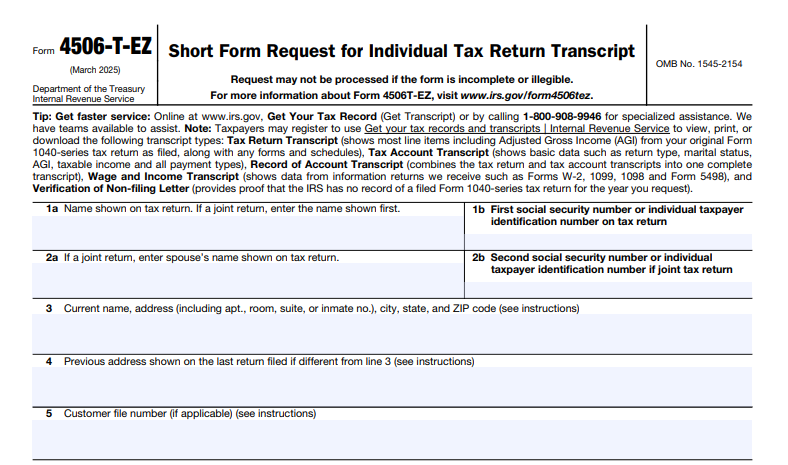 IRS Form 4506-T-EZ - Short Form Request for Individual Tax Return Transcript