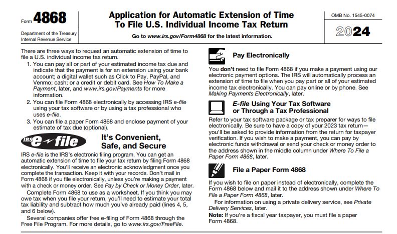 IRS Form 4868 - Application for Automatic Extension of Time to File U.S. Individual Income Tax Return