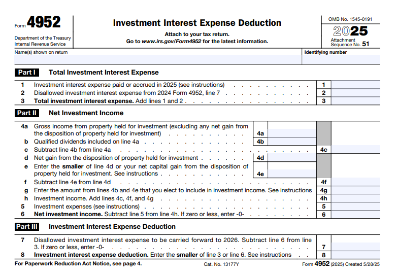 IRS Form 4952 - Investment Interest Expense Deduction