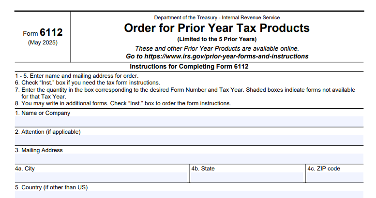 IRS Form 6112 - Order for Prior Year Tax Products
