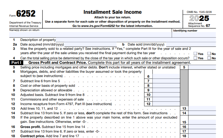 IRS Form 6252 - Installment Sale Income