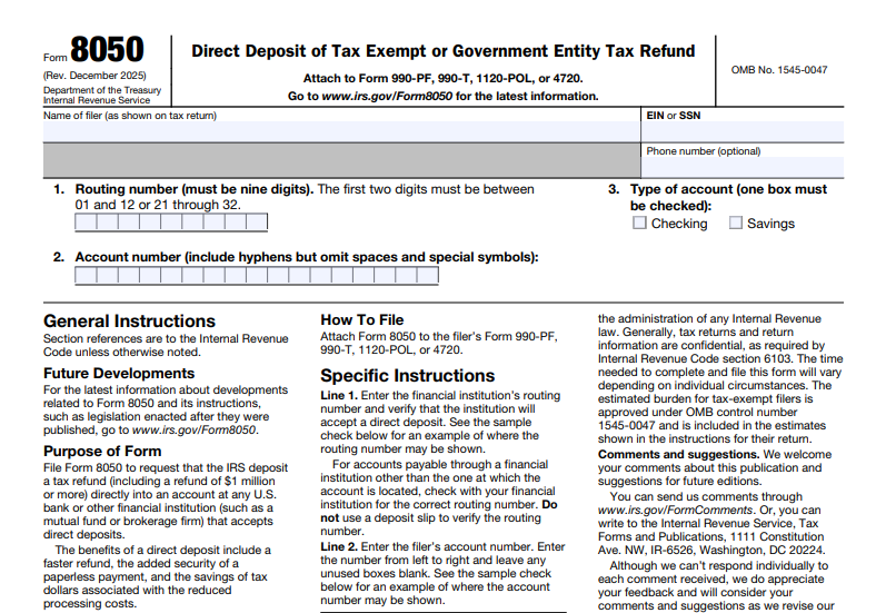 IRS Form 8050 - Direct Deposit of Tax Exempt or Government Entity Tax Refund