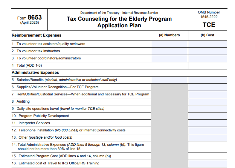 IRS Form 8653 - Tax Counseling for the Elderly Program Application Plan