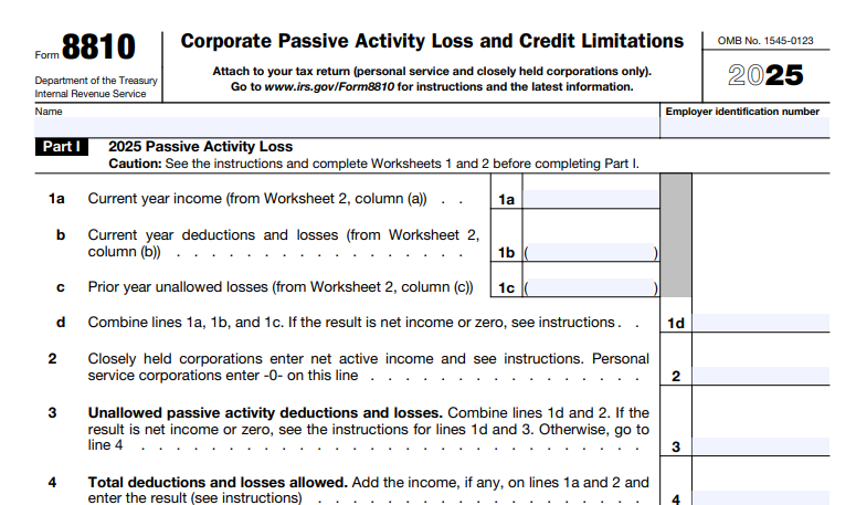 IRS Form 8810 - Corporate Passive Activity Loss and Credit Limitations