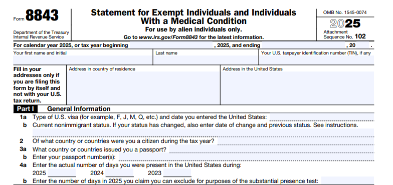 IRS Form 8843 - Statement for Exempt Individuals and Individuals With a Medical Condition