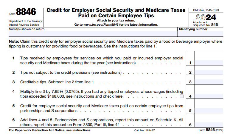 IRS Form 8846 - Credit for Employer Social Security and Medicare Taxes Paid on Certain Employee Tips