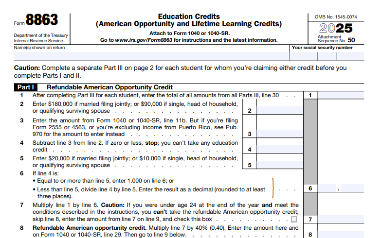 IRS Form 8863 - Education Credits (American Opportunity and Lifetime Learning Credits)