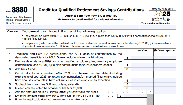 IRS Form 8880 - Credit for Qualified Retirement Savings Contributions