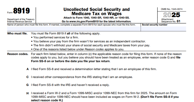 IRS Form 8919 - Uncollected Social Security and Medicare Tax on Wages