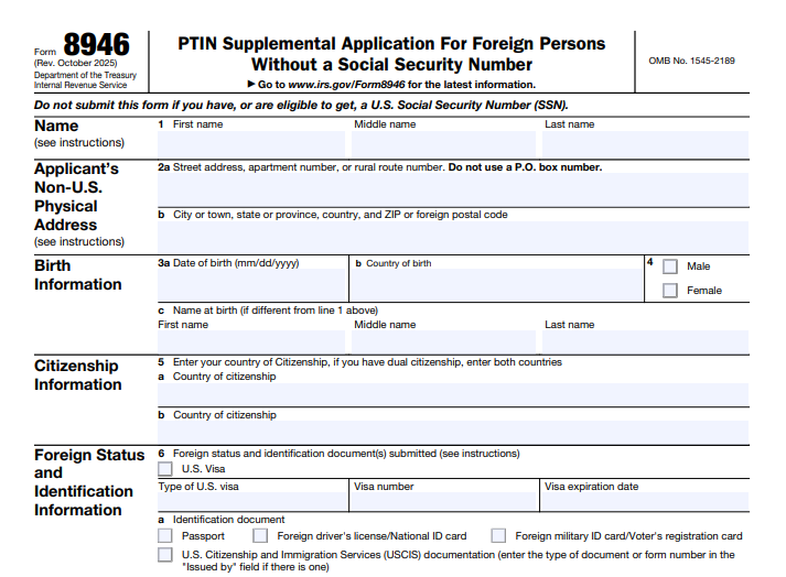 IRS Form 8946 - PTIN Supplemental Application For Foreign Persons Without a Social Security Number