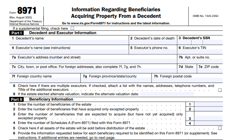 IRS Form 8971 - Information Regarding Beneficiaries Acquiring Property From a Decedent