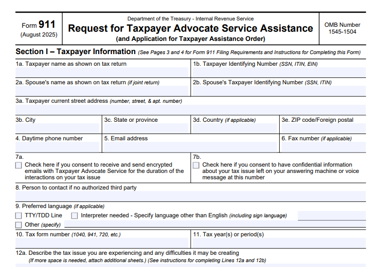 IRS Form 911 - Request for Taxpayer Advocate Service Assistance (and Application for Taxpayer Assistance Order)
