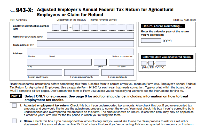 IRS Form 943-X - Adjusted Employer's Annual Federal Tax Return for Agricultural Employees or Claim for Refund