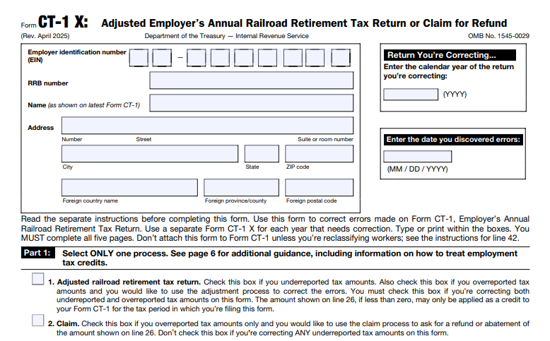IRS Form CT-1X - Adjusted Employer's Annual Railroad Retirement Tax Return or Claim for Refund