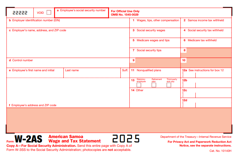 IRS Form W-2AS - American Samoa Wage and Tax Statement