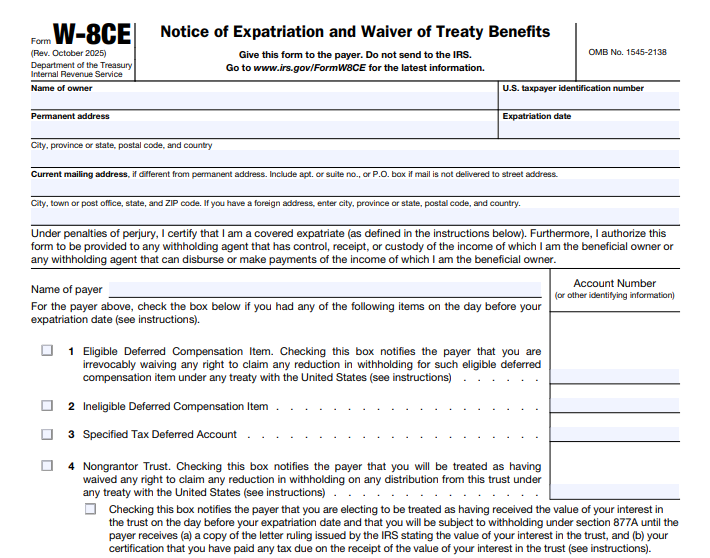 IRS Form W-8CE - Notice of Expatriation and Waiver of Treaty Benefits
