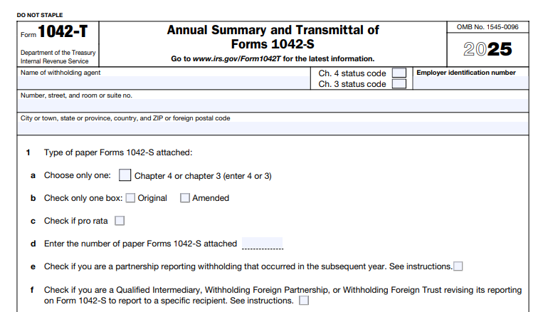 IRS Form 1042-T - Annual Summary and Transmittal of Forms 1042-S