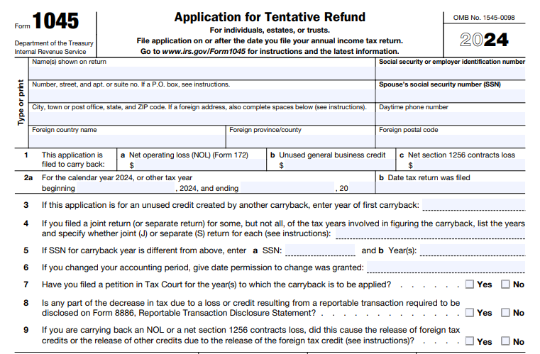 IRS Form 1045 - Application for Tentative Refund
