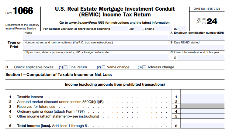 IRS Form 1066 - U.S. Real Estate Mortgage Investment Conduit (REMIC) Income Tax Return