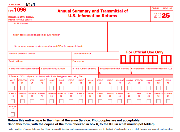 IRS Form 1096 - Annual Summary and Transmittal of U.S. Information Returns