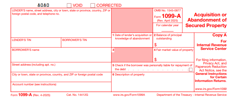 IRS Form 1099-A - Acquisition or Abandonment of Secured Property