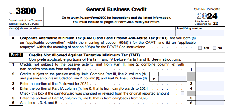 IRS Form 3800 - General Business Credit