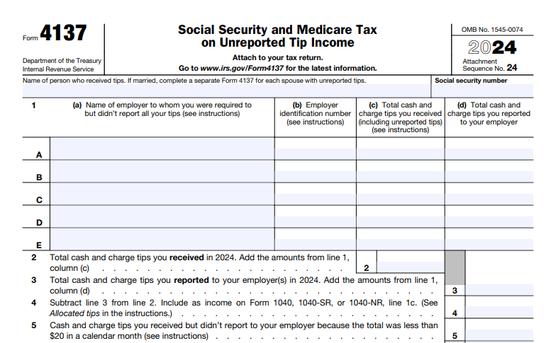 IRS Form 4137 - Social Security and Medicare Tax On Unreported Tip Income